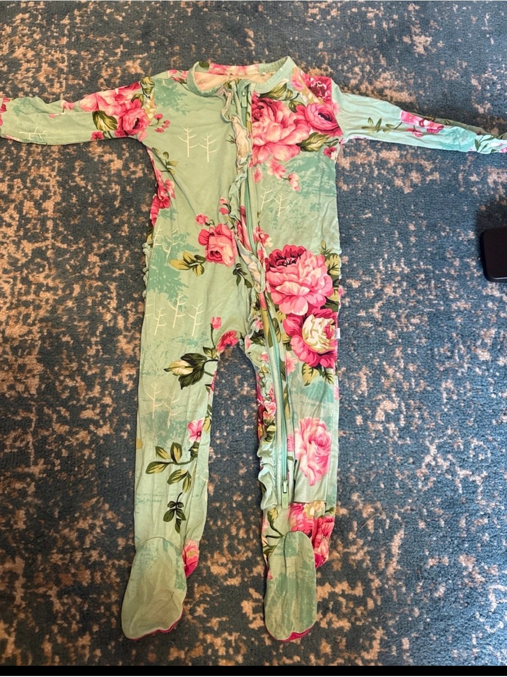 Posh Peanut Mint One-Piece Footed Romper with Pink Floral Print